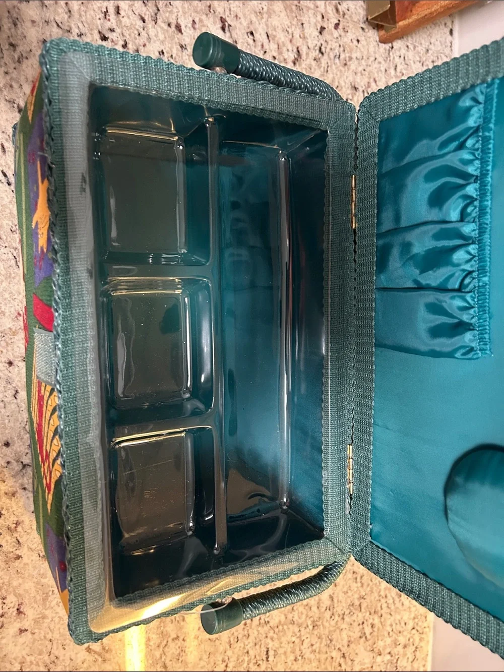 Green Cat Patchwork Sewing Basket with Teal Handley